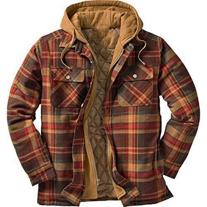 Men’s Hooded Quilted Lined Flannel Shirt Jacket Dropshipping Pure Cotton Long Sleeve Plaid Button Up Shirts Plus Size S-5XL