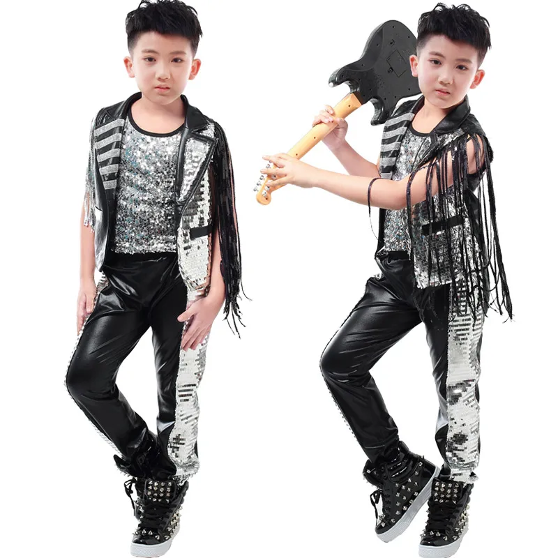 Hip Hop Costume Sequined Fringed Coat Tops Pants Jazz Performance Clothing Boys Street Dance Suit Modern Stage Wear DNV12485