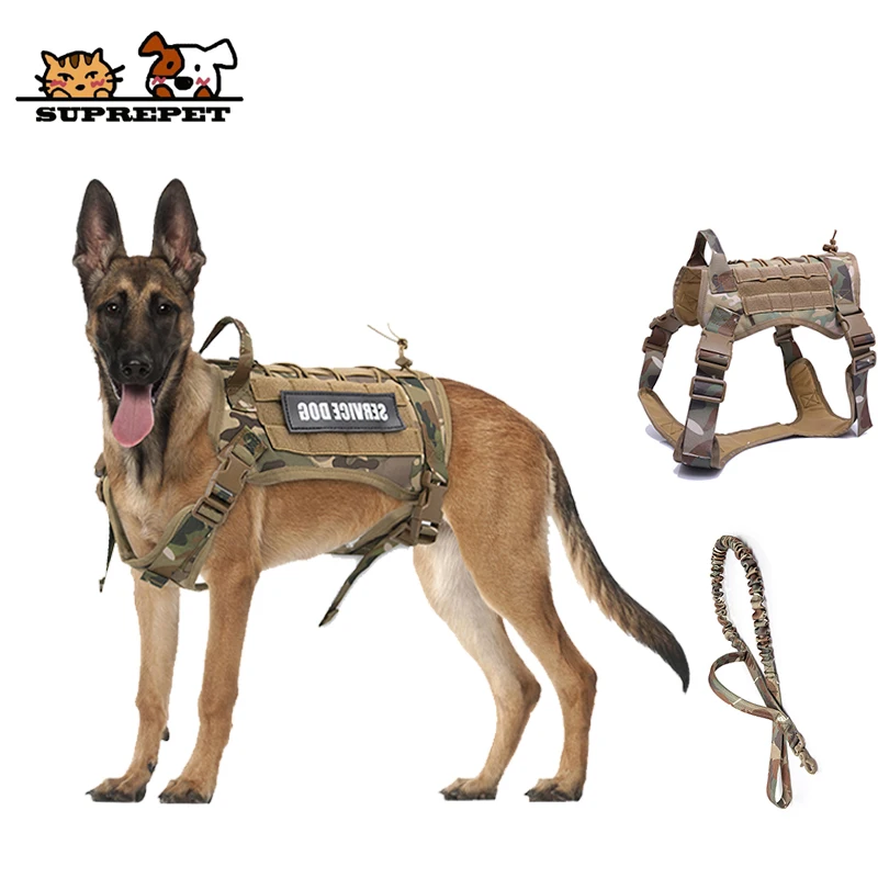 SUPREPET Tactical Dog Harness German Shepherd Pet Dog Outdoor Activity pet Clothing Harness Vest Nylon Bungee Dog Leash Harness