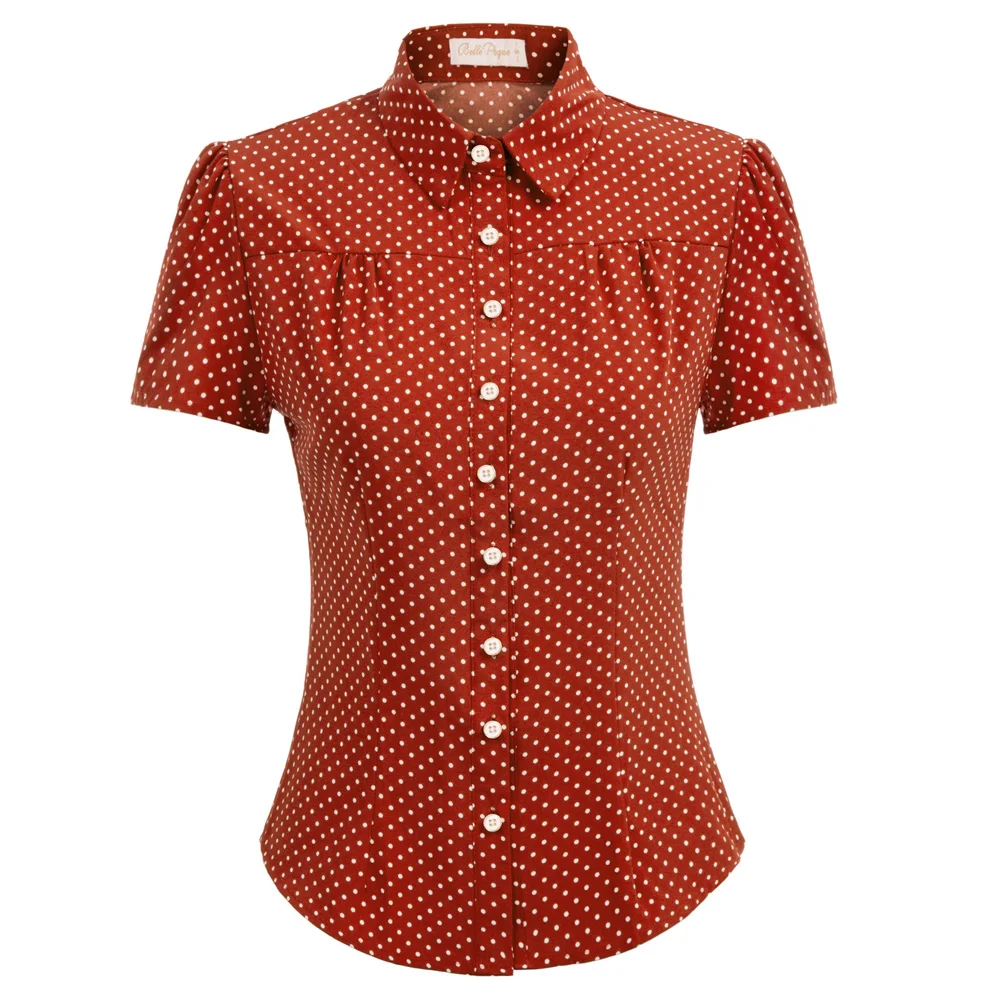 Belle Poque Shirt Women Retro Polka Dots Short Sleeve Blouse Turn-down Collar Curved Hem Shirt Summer Clothes New Fashion Ladies