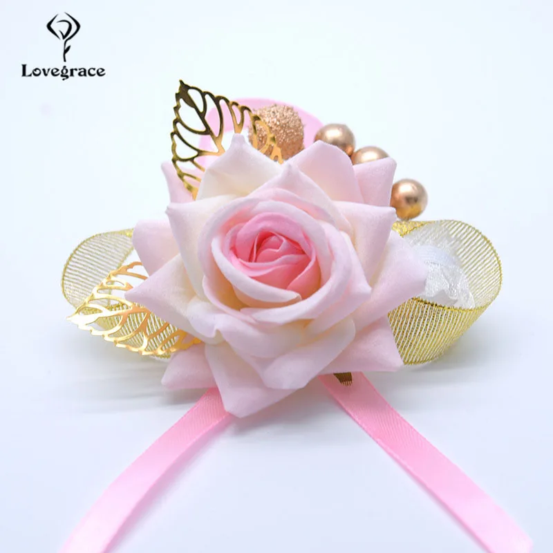 Lovegrace-Corsage de poignet de mariée, boutonnière de mariage, demoiselle d'honneur, bracelet élastique en dentelle, fête de fleurs, corsage de Rh, fournitures de mariage