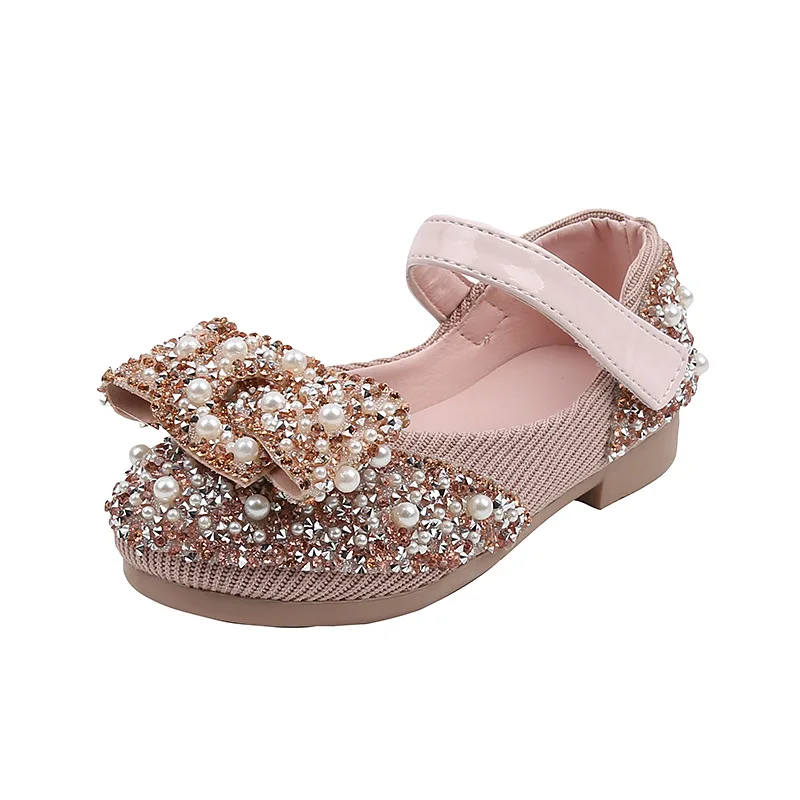 2021 New Children Casual Shoes Girls Princess Flat Heel Party Shoes Sequins Bow Pearl Crystal Bling Baby Performance Shoes D487