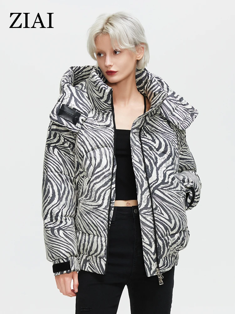 ZIAI New Winter Women's Jacket Padded Coats Female Oversize Short Parkas Fashion Cuff Zebra Pattern Warm Thick Coat Women ZR7288