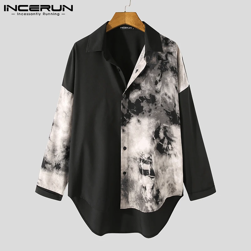 INCERUN-Camisa estampada casual manga comprida masculina, tops de streetwear lapela primavera, moda coreana, camisas soltas, patchwork, 5XL, 2023