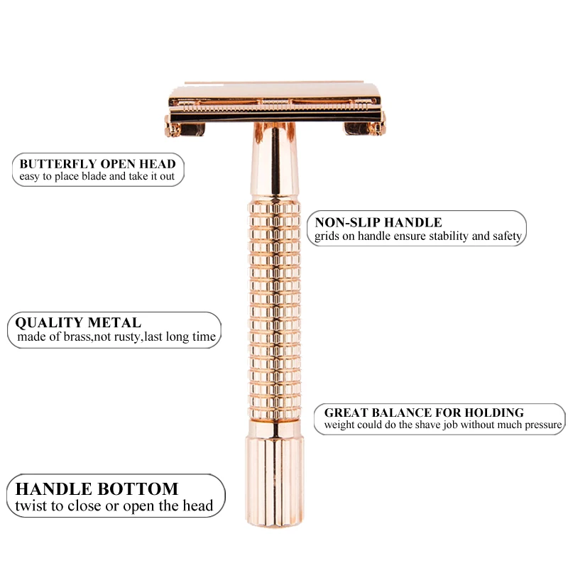 Men's Classic Manual Short Handle Razor Double-sided Razors Rose Gold Travel Portable Razor #9306G