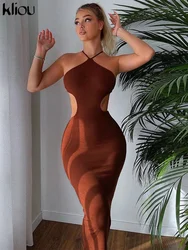 Kliou Ribbed Lace up Maxi Dress Women Sexy Solid Sleeveless Backless Body-Shaping Cut Out Skirt Party Clubwear Female Vestidos
