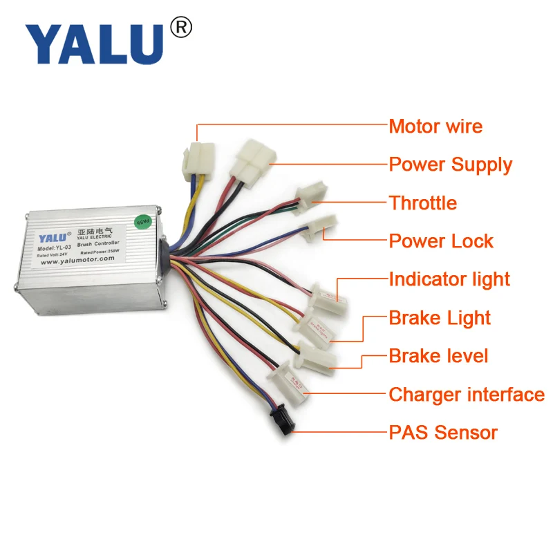 YALU Brush DC Motor Controller 24V 250W Ebike Speed Controller with PAS Sensor Port For Electric Bicycle Scooter Conversion Kit