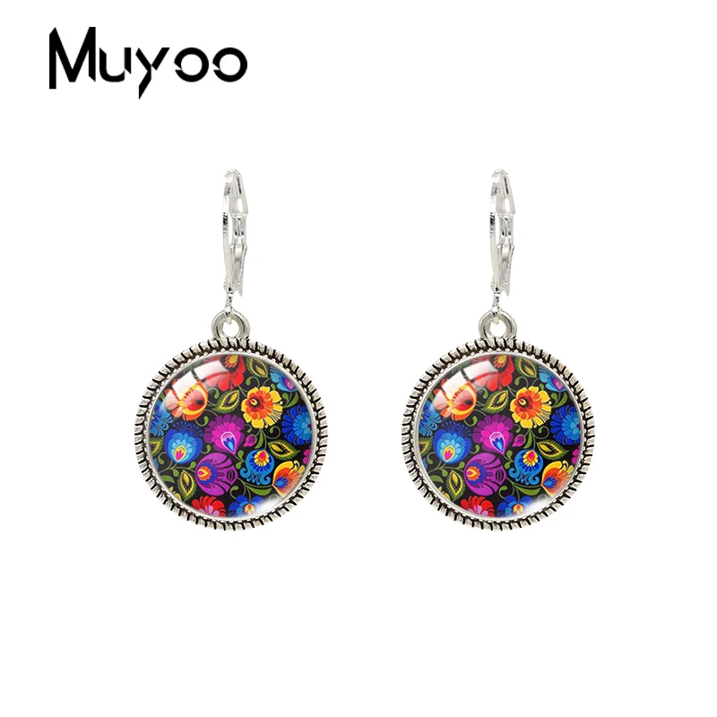 2019 New Polish Folk Pattern Dangle Earring Geometric Art Vintage Earring Glass Dome Jewelry