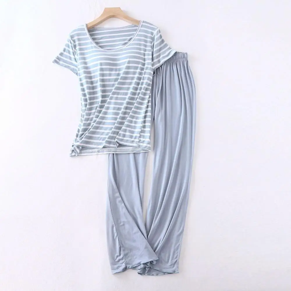 

Summer Women Pijama Modal Striped Pyjama Femmes M-XXL plus size Women Sleepwear Short Sleeve With Chest Pad Pajama set