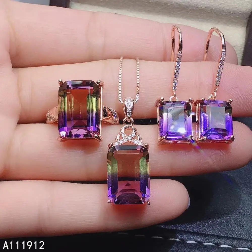 

KJJEAXCMY fine jewelry Ametrine 925 sterling silver women pendant necklace chain ring earrings set luxury