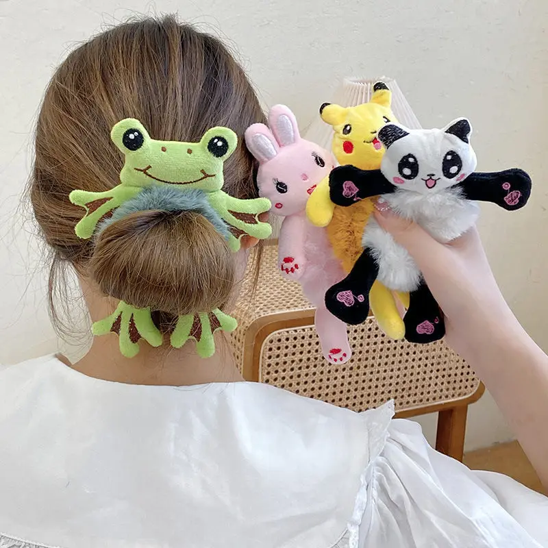 Hair Tie For Kids Elastic Hair Rubber Child Head Accessories Cartoon Plush Frog Rabbit Cat Stuffed Animal Scrunchie Wholesale