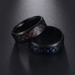 Trendy 8MM Wide Punk Carbon Fiber Lattice Ring Red Blue Lattice Couple Ring  For Women Men Unique Jewelry Party Wedding Gifts