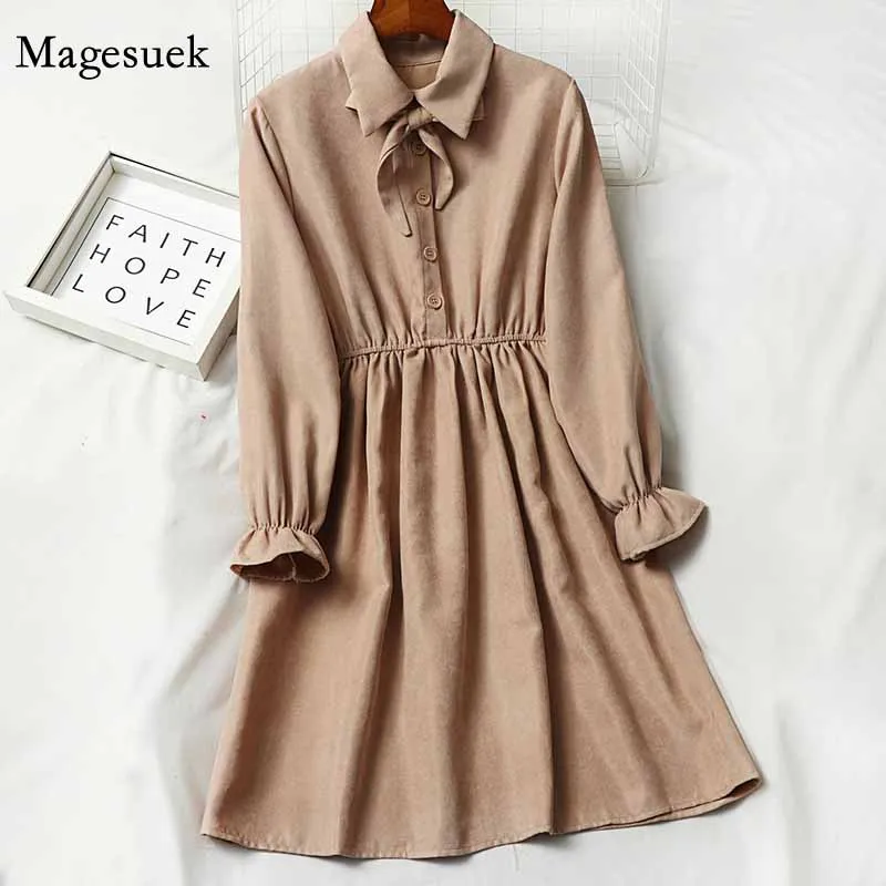 Women A-Line Solid Elastic Waist Slim Button Lantern Sleeve Dress 2020 Autumn and Winter Bow Tie Lapel Mid-length Dress  12015