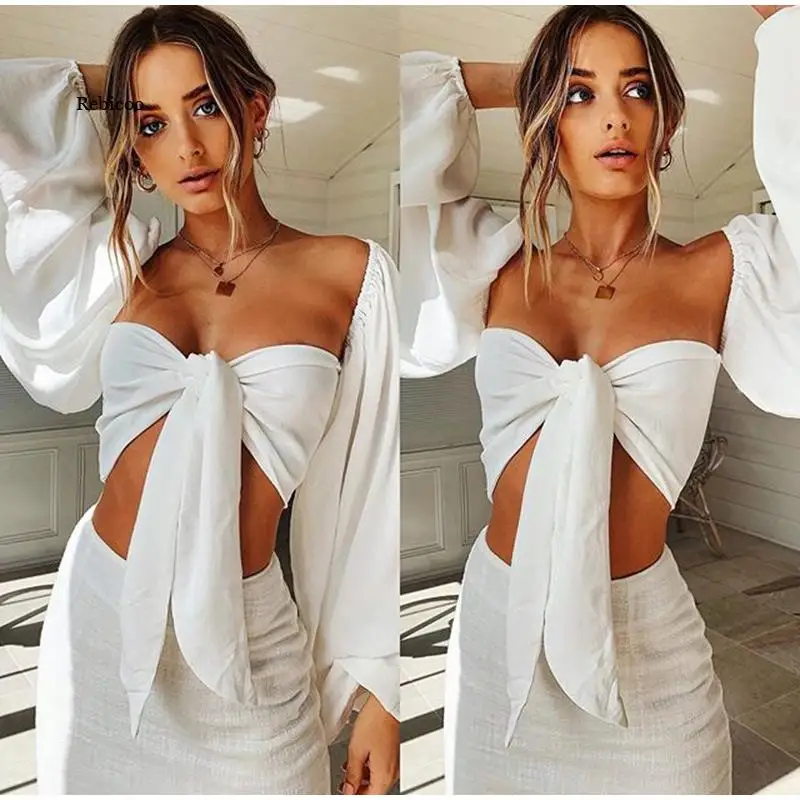 

Women Puff Sleeve Backless Bow Tie Sexy T-shirt Square Neck Solid Female Crop T-shirts New Fashion Ladies Slim Tube Tops