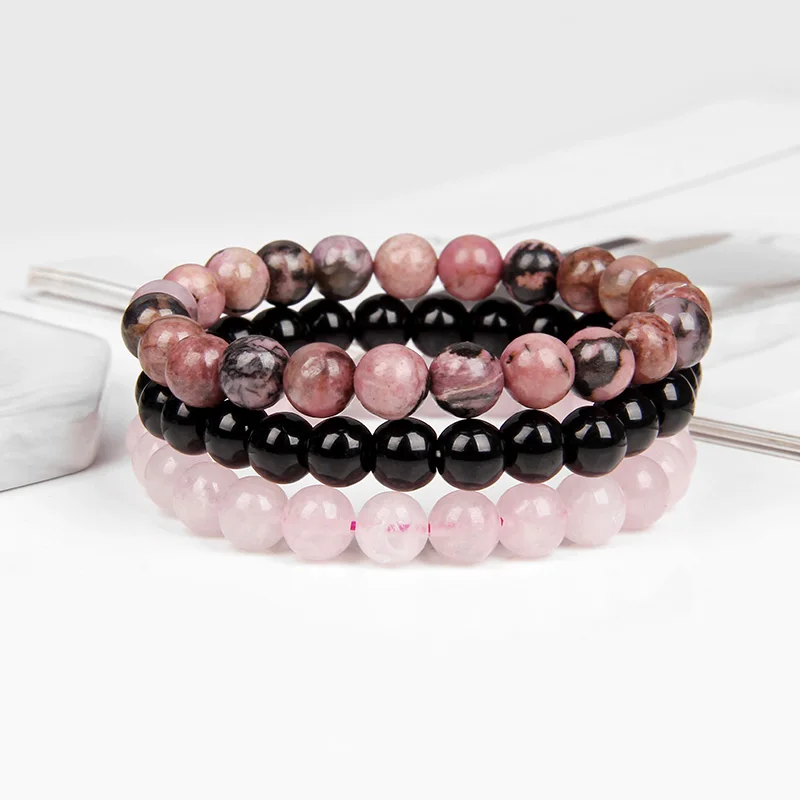 3Pcs/set 8mm Natural Stone Beads Bracelet Set Pink Zebra Rhodonite Moonstone Agates Hematite Bracelets For Women Men Jewelry