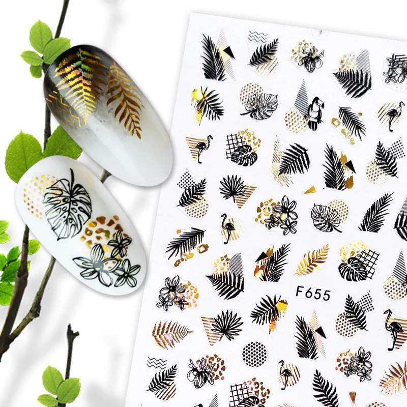 1pcs Black Laser Gold Autumn Leaf 3D Nail Sticker Coconut Tree Leaf Pattern Adhesive Transfer Sticker Shiny DIY Nail Decoration