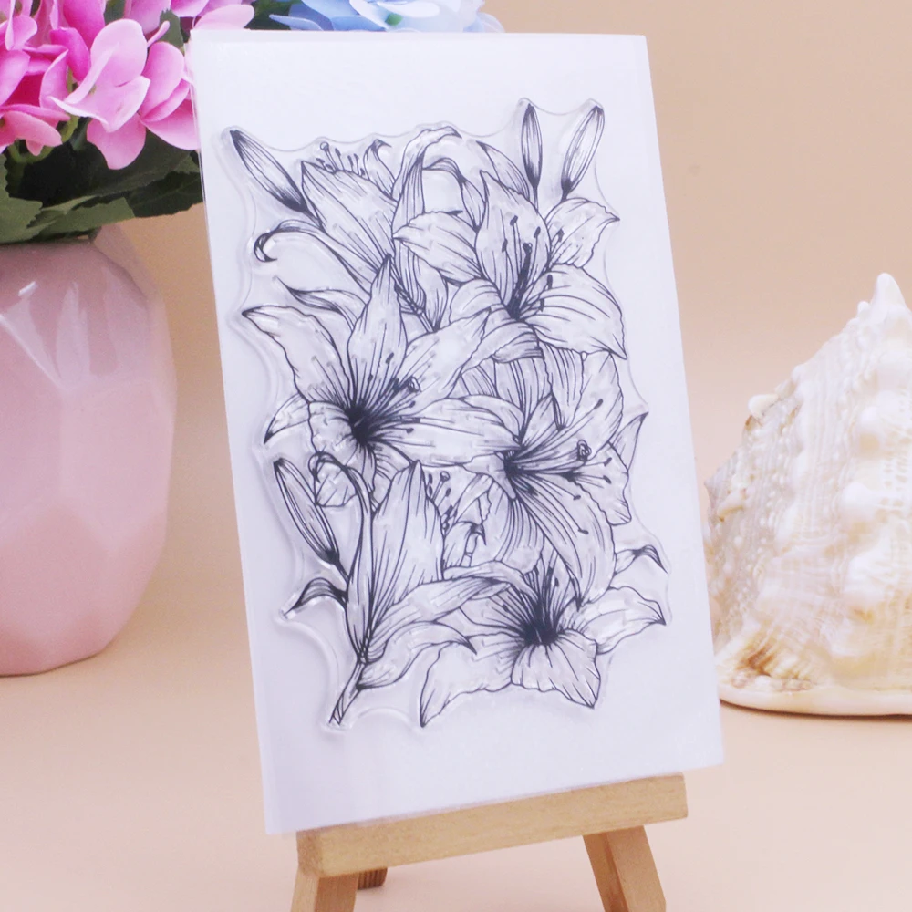 Alinacutle Clear Stamps Large Lily Bloom Floral Background Scrapbooking Card Album Paper Craft Rubber Transparent Silicon Stamps