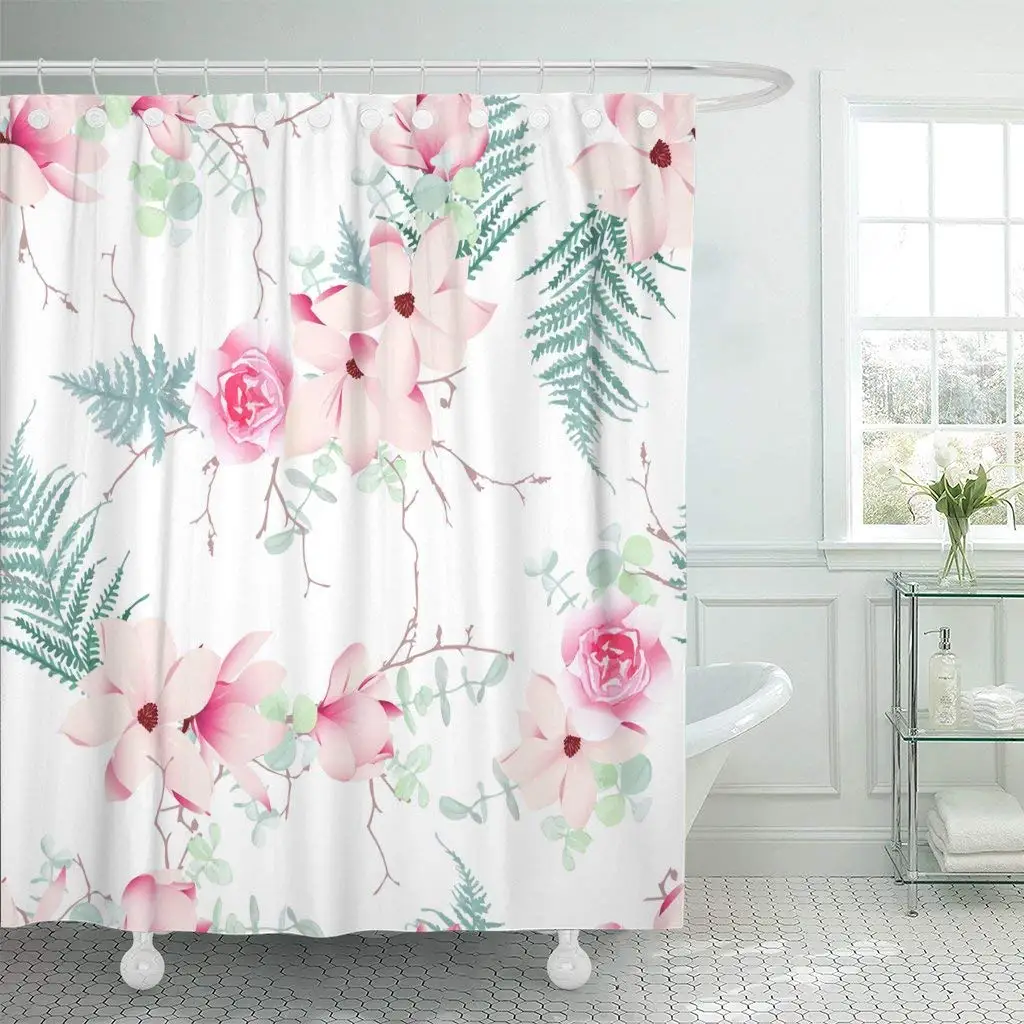 

Green Mint Chinese Magnolia Roses and Fern Light Pink Shower Curtain Waterproof Polyester Fabric 72 x 72 Inches Set with Hooks