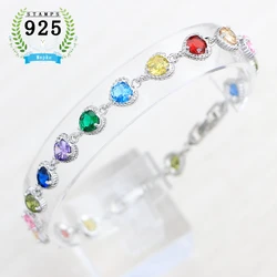 Lady's 925 Silver Bracelet Heart Shape Colorful Zircon Detachable Extension Two Buttons 17cm+3cm Adjustable Length Free Gift Box
