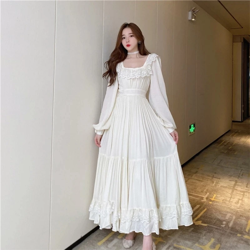 Women Slim Elegant High Waist Bow Ribbon Belt Lace Square Collar Long Dress Ladies Vintage Korean Sexy Party Beach Dress