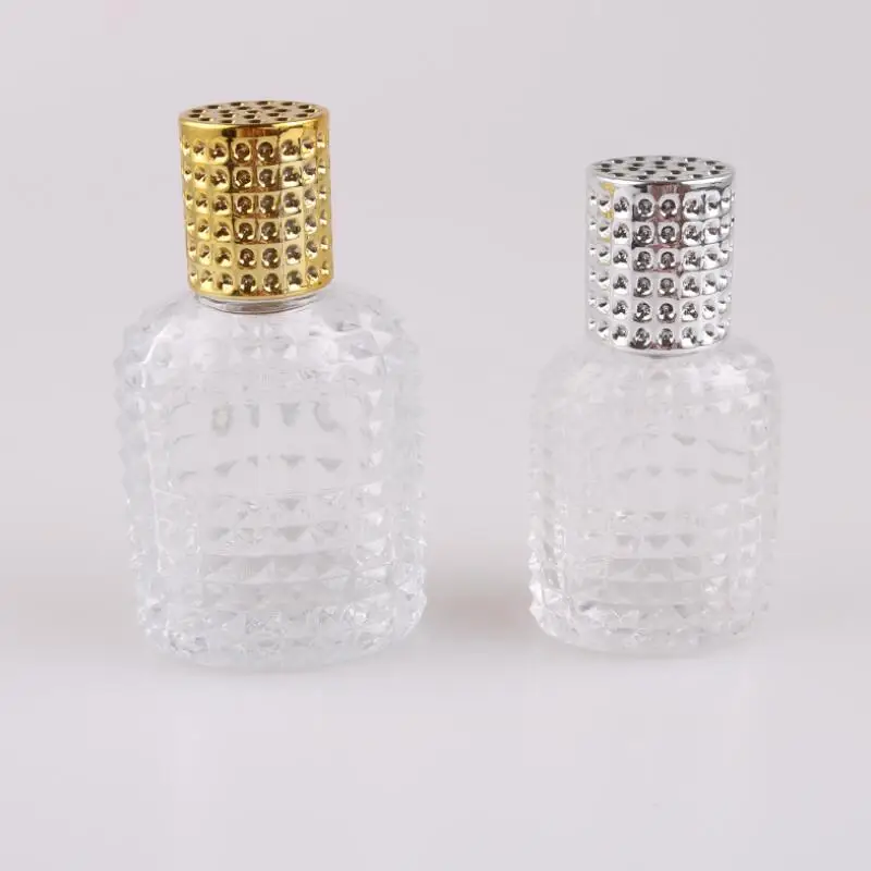 

30ML 50ML Cosmetic Perfume Empty Container Clear Glass Travel Spray Bottles With Gold Silver Lids LX3483