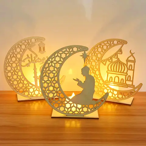 Wooden Eid Pendant with LED Candles Ramadan Decor ZQNYCY