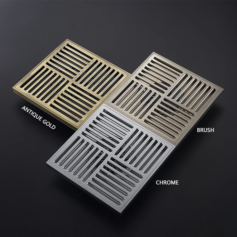 15*15CM Square Brass Floor Drain Bathroom Bath Shower Waste Water Drains Antique Gold Brush Sink Cover Smell Off Hair Stopper