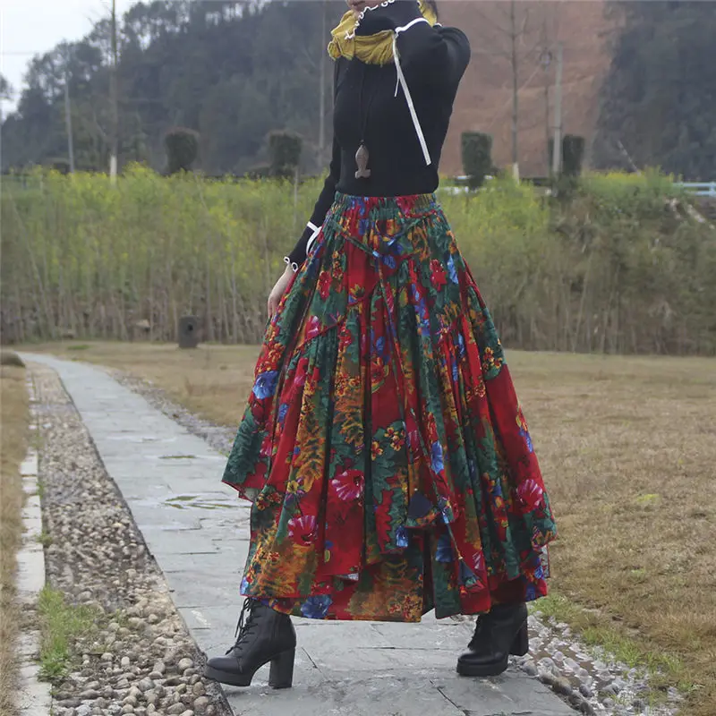 Spring Ethnic Style Trend Flower Print Long Cotton Linen Skirt Women Elastic Waist Autumn Irregular Maxi Skirt flada Mujer f2663