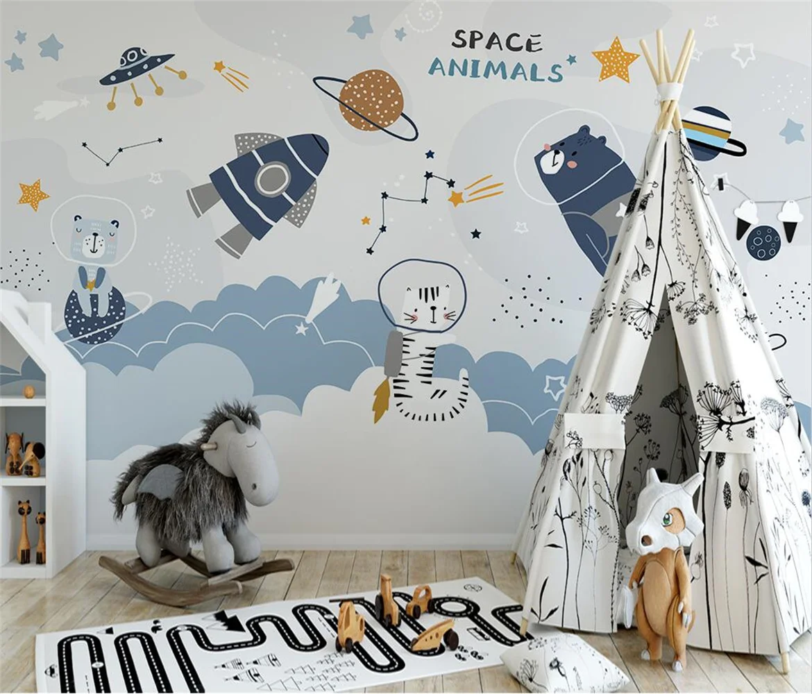 Custom Wallpaper hand-painted cartoon space planet rocket children's room background wall Murals home decoration 3d Wallpaper