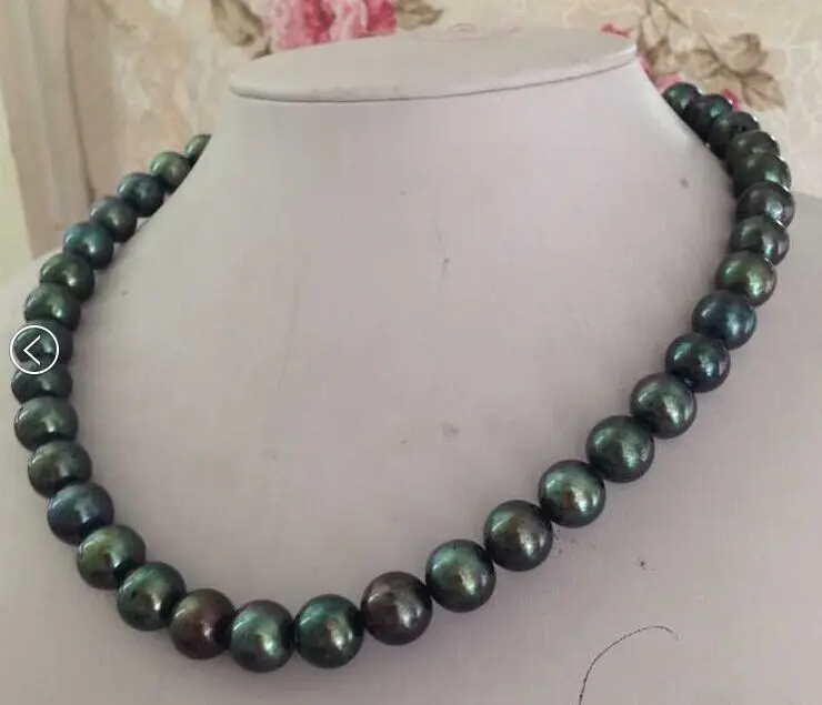 

free shipping gorgeous AAA10-11mm round black green pearl necklace 19inch 14k