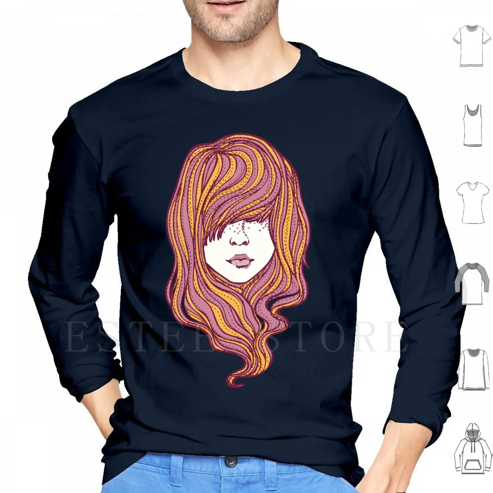 Her Hair Hoodie Long Sleeve Long Girls Vector Purple 70s Face Womens Retro Pink Hair 1970s Head Psychedelic Freckles 60s