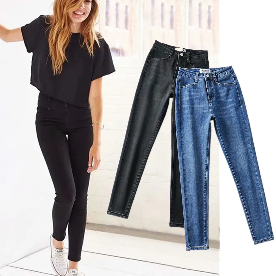 Withered Ins Fashion Blogger England Simple Stretch Jeans Woman High Waist Jeans Cropped Jeans Skinny Pencil Jeans For Women