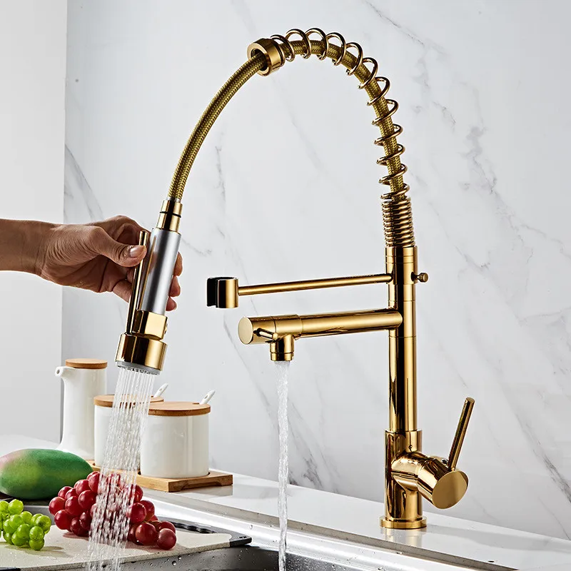 Kitchen Faucet Gold/Black/Chrome Soild Brass Hot & Cold Sink Mixer Tap Double Handle Rotating Pull-Down Spring Type Copper