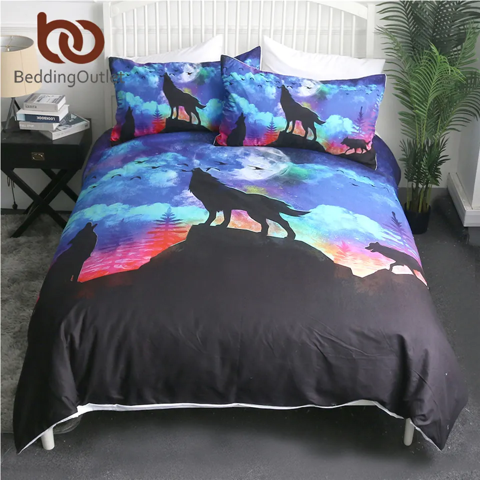 

BeddingOutlet Landscape Bedding Set Howling Wolf Duvet Cover Misty Galaxy Night Moon Bed Set 3pcs Animal Psychedelic Bedclothes