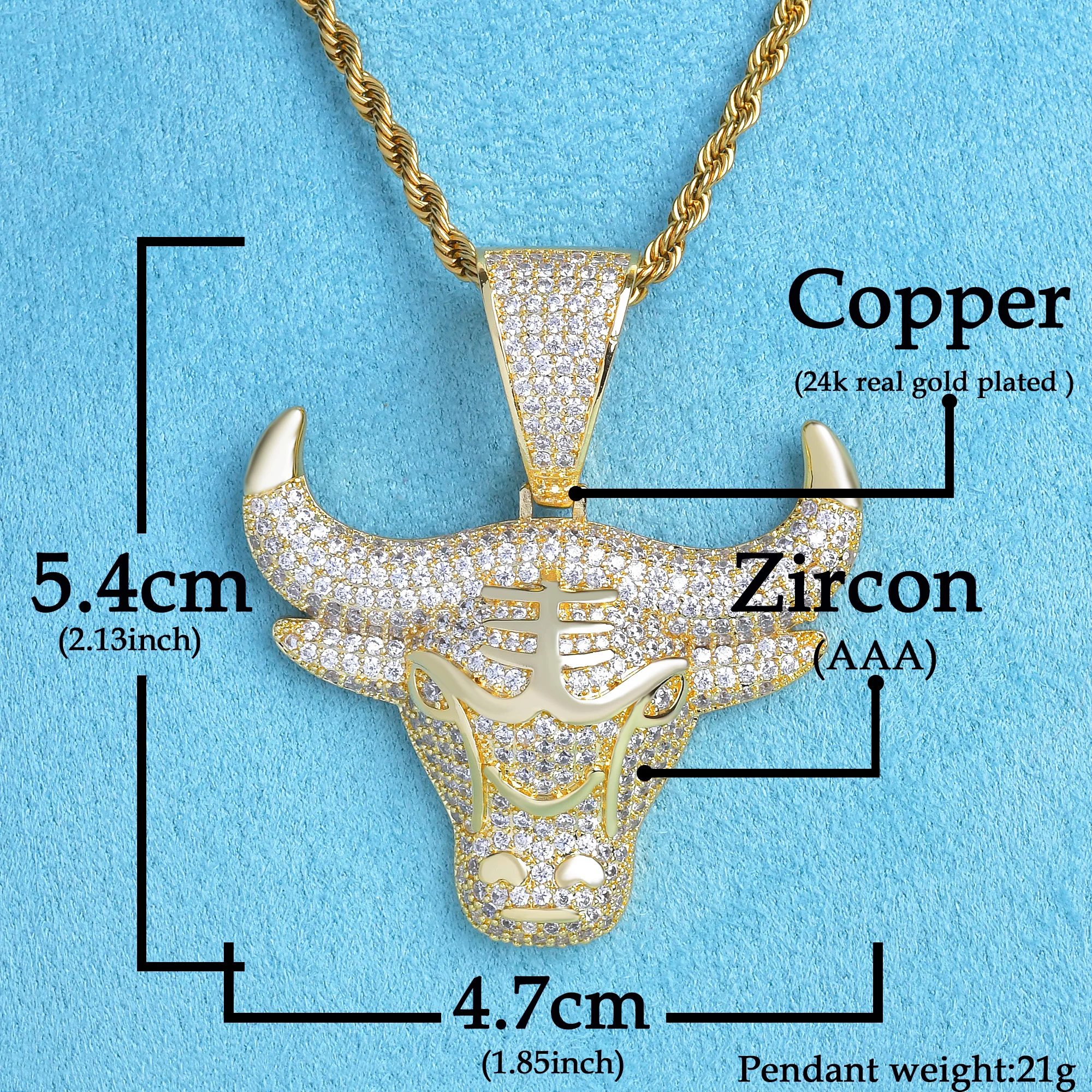 Animal Cow Pendant Gold Color Cubic Zircon Men's Hip Hop Rock Necklace Jewelry