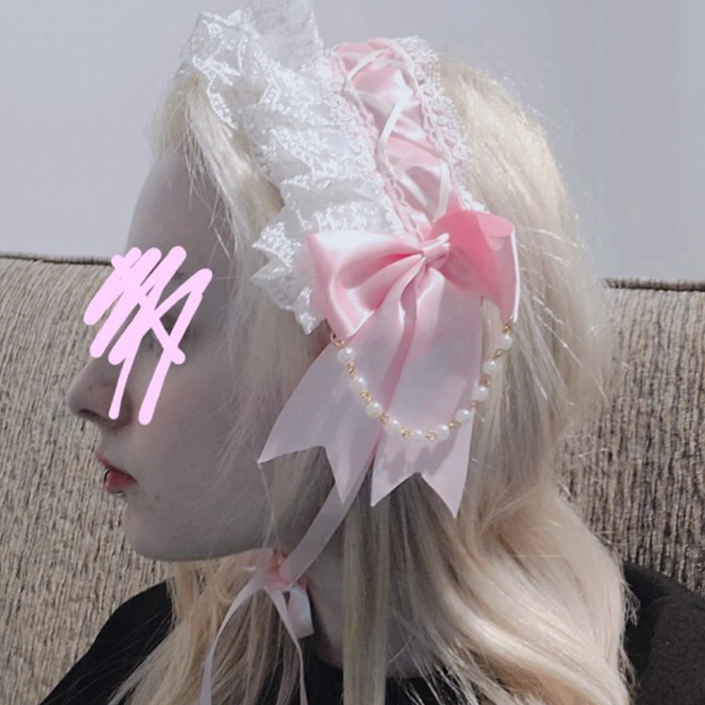 Słodki Lolita maski chluba taśma koronkowa Bowknot z pałąkiem na głowę słodkie japoński Kawaii Maid Cosplay nakrycia głowy akcesoria do włosów