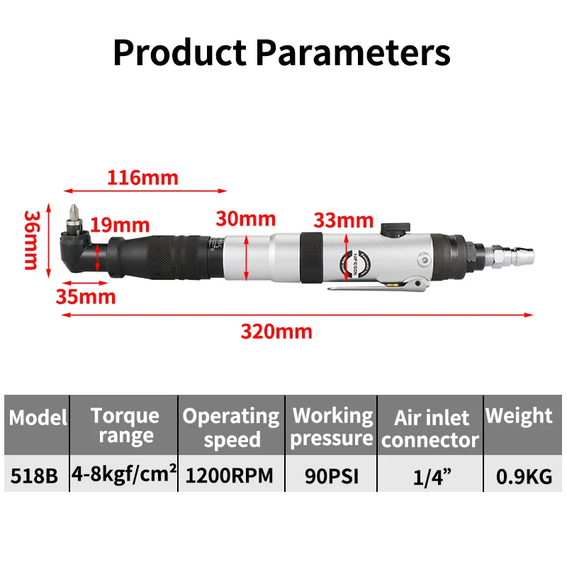 HIFESON 518B Pneumatic Elbow Clutch Air Screwdriver Preset Torque Automatic Stop 90 ° Right Angle Screwdriver