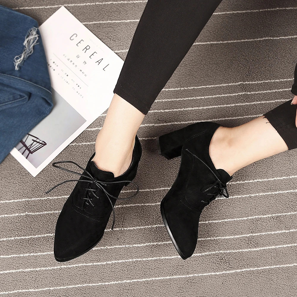 2024 New Spring Autumn Pointed toe Lace Up Shoes Loafer Women Casual Shoes Woman Leisure 6cm Fashion High Heels Black Mujer