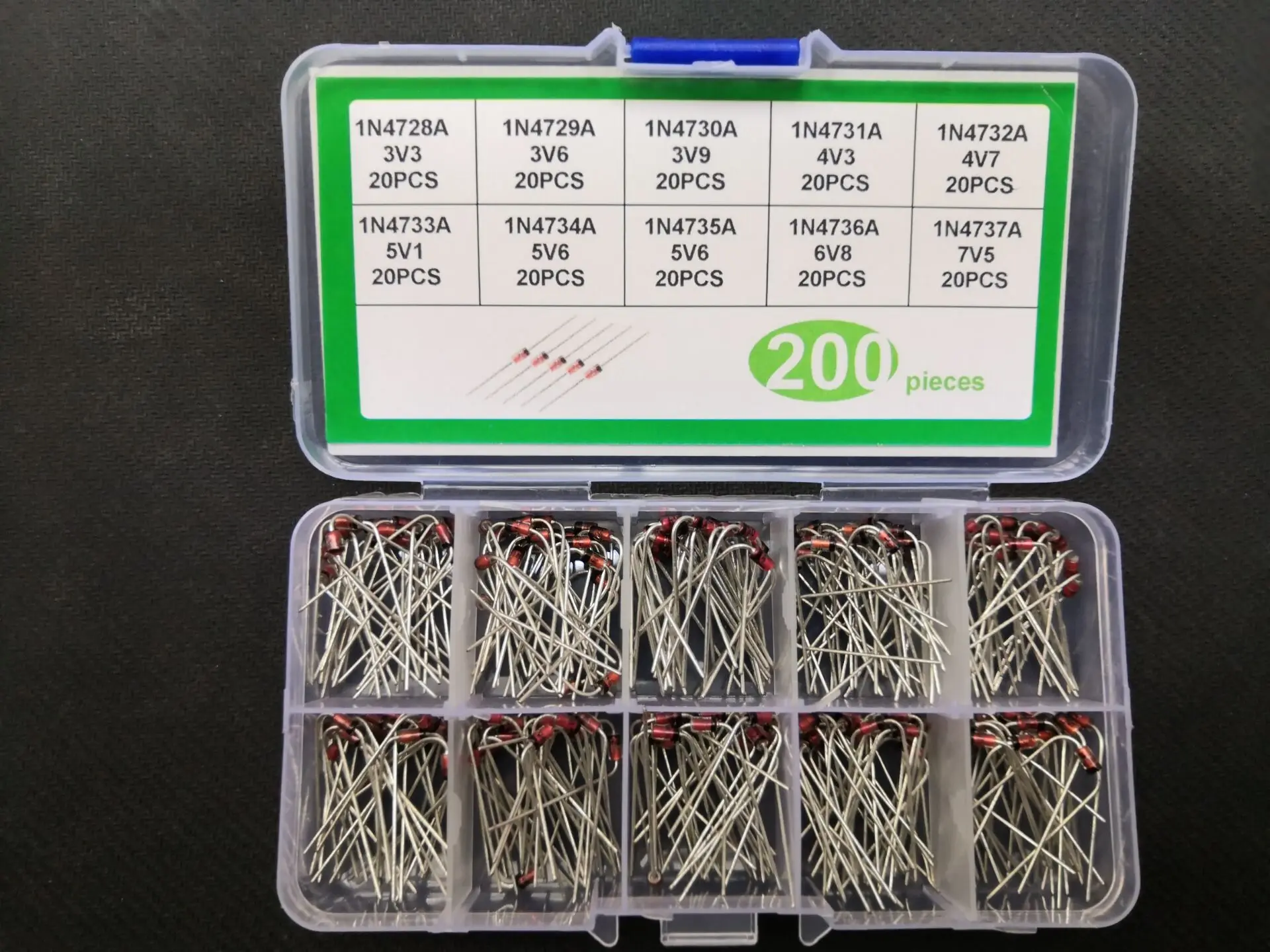 200pcs Zener Diode Kit 1W 3.3V/3.6V/3.9V/4.3/4.7/5.1/5.6/6.8/7.5V 1N/4728A 4729A 4730A 4731A 4732A 4733A 4734A 4735A 4736A 4737A