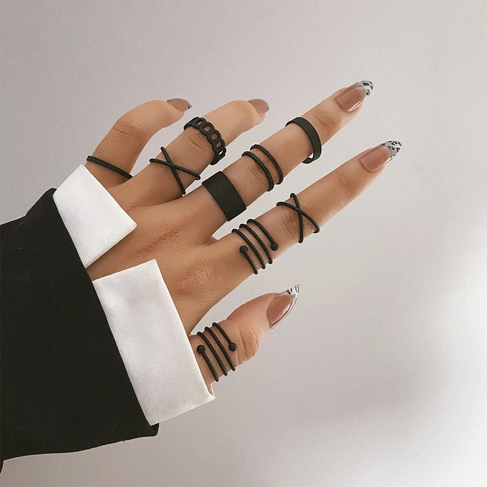 Punk Black Finger Rings For Women Men Simple Chain Ring Set Fashion Rings 2022 Trend Friend Gifts Party Knuckle Jewelry Party