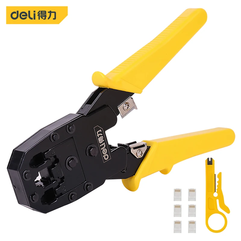 

deli Multifunction Crimping Cutter Tool Network Clamp Electrician Insulated Wire Strippers Pliers Internet Cable Bent Cut Plier