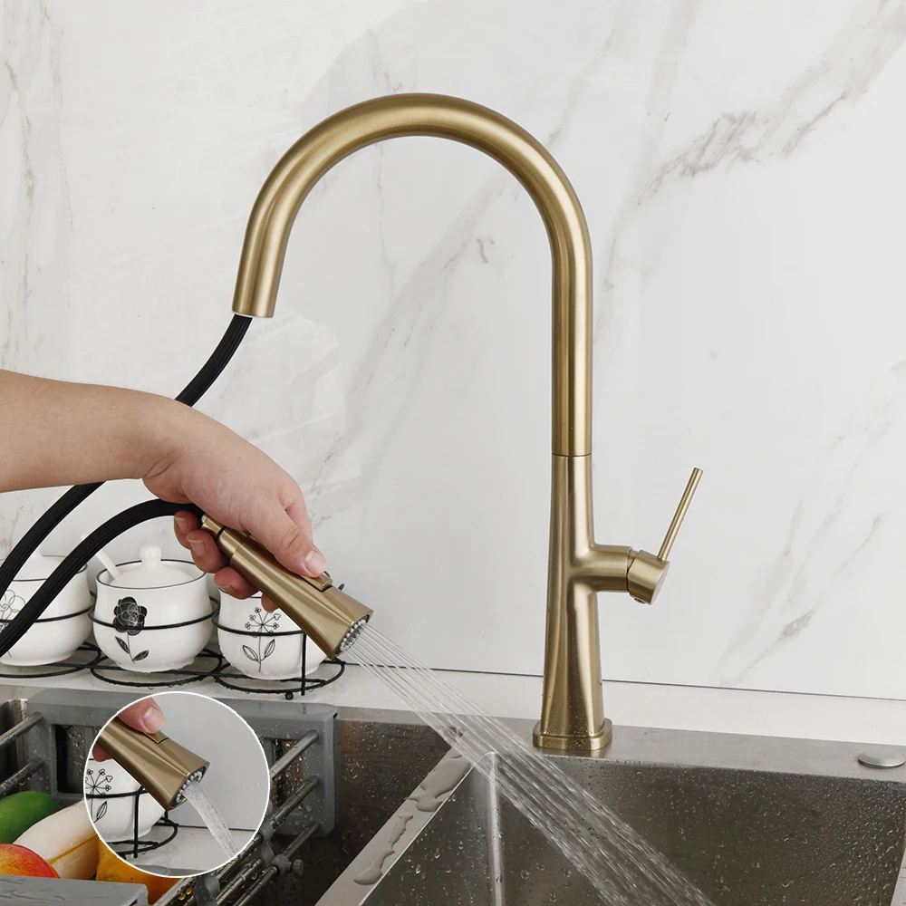 KEMAIDI Brushed Gold Kitchen Faucet Pull Out Kitchen Sink Water Tap Single Handle Mixer 360 Rotation Kitchen Hot Cold Faucets