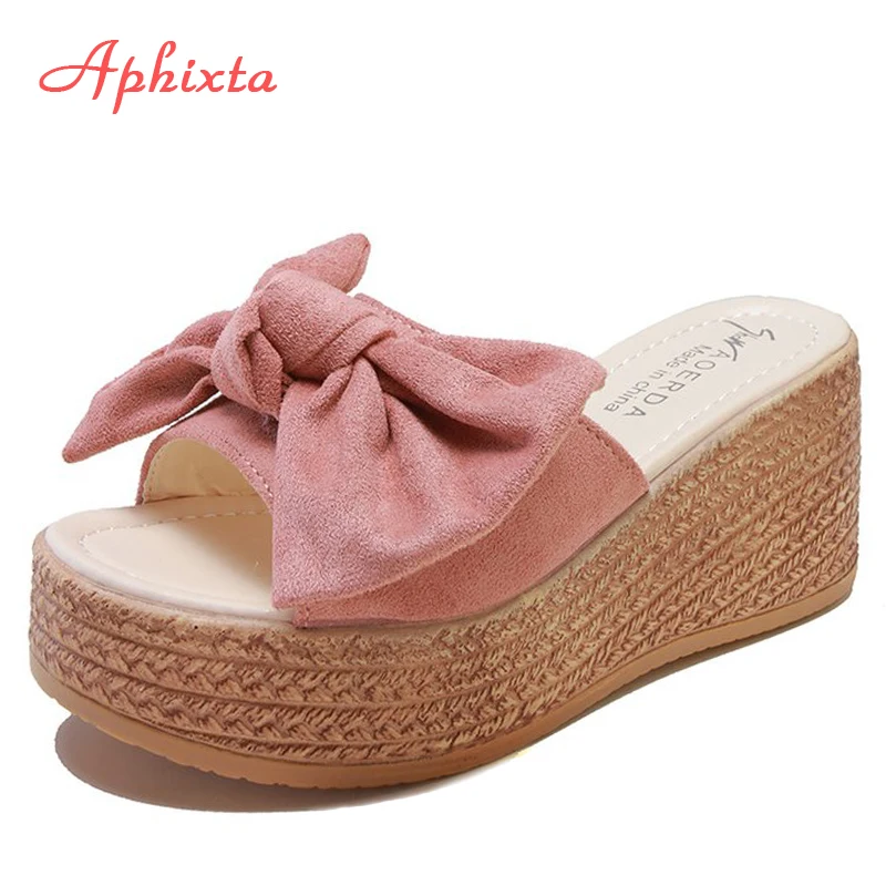 Aphixta 7 centimetri o 9 centimetri Donne di Estate Pantofole Cuneo Della Piattaforma Appliques Bow Spiaggia Antiscivolo Sandali Femminili Clog