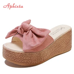 Aphixta 7 centimetri o 9 centimetri Donne di Estate Pantofole Cuneo Della Piattaforma Appliques Bow Spiaggia Antiscivolo Sandali Femminili Clog Scarpe Presentazioni Aziende Produttrici Giochi delle donne