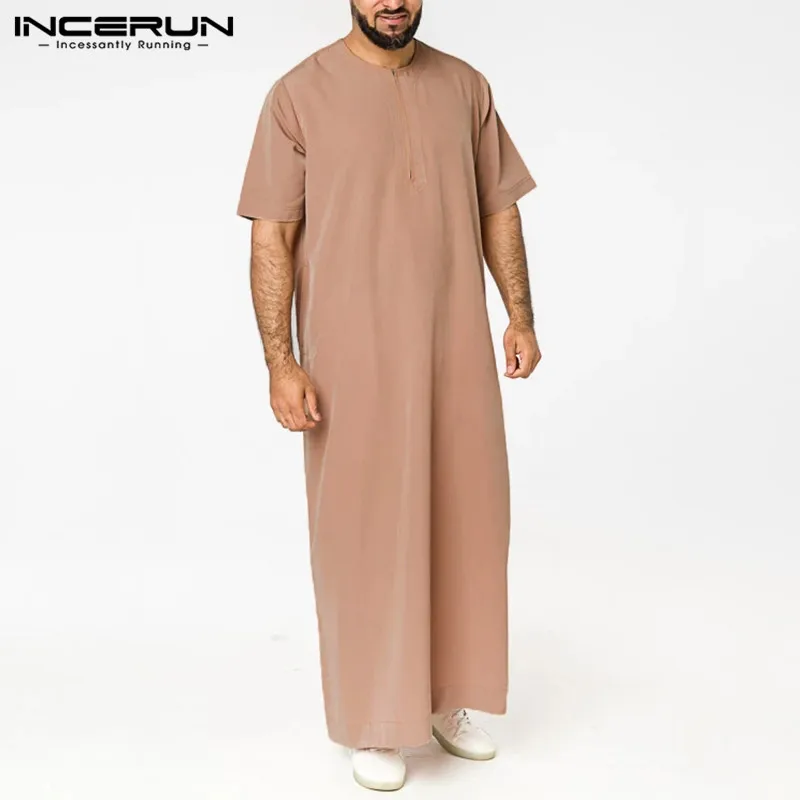 Saudi Stijl Rits Jubba Thobe Incerun Mannen Effen Kleur Gewaden Man Vintage Korte Mouw O Hals Moslim Arabische Islamitische Kleding s-5XL