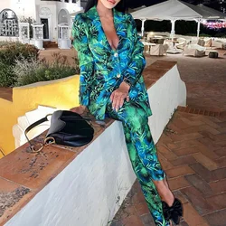 Single Breasted Green Print Long Sleeve Blazer Jacket + Pant Female Two Piece Set Blazer Suit Women Fashion Spring Autumn Suit