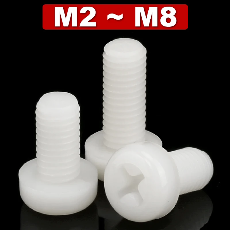 

M2 M2.5 M3 M4 M5 M6 M8 Metric Threaded White Nylon Plastic Phillips Round Pan Head Cross Round Screw Bolt Length 4mm-100mm 50pcs