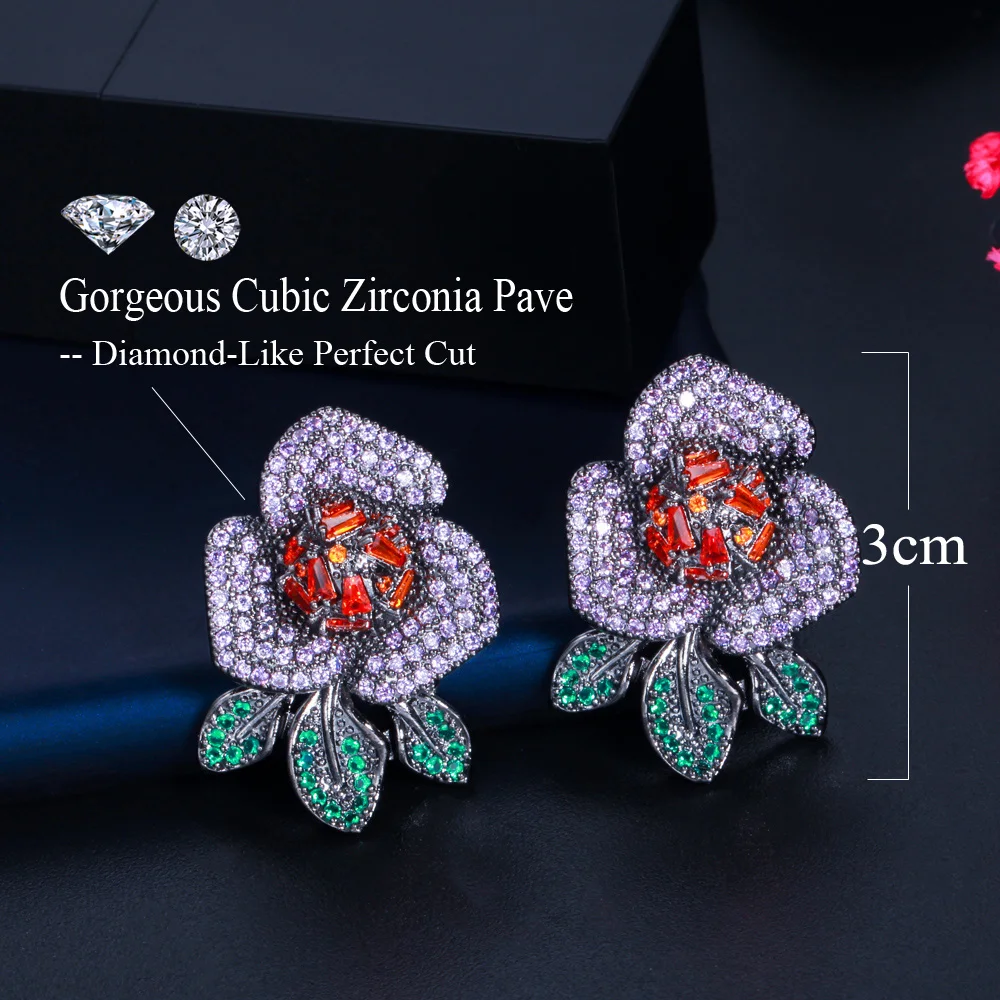 CWWZircons Full Luxury Cubic Zirconia Pave Setting 3D Flower Leaf Big Stud Women Party Engagement Earrings Accessories E0611