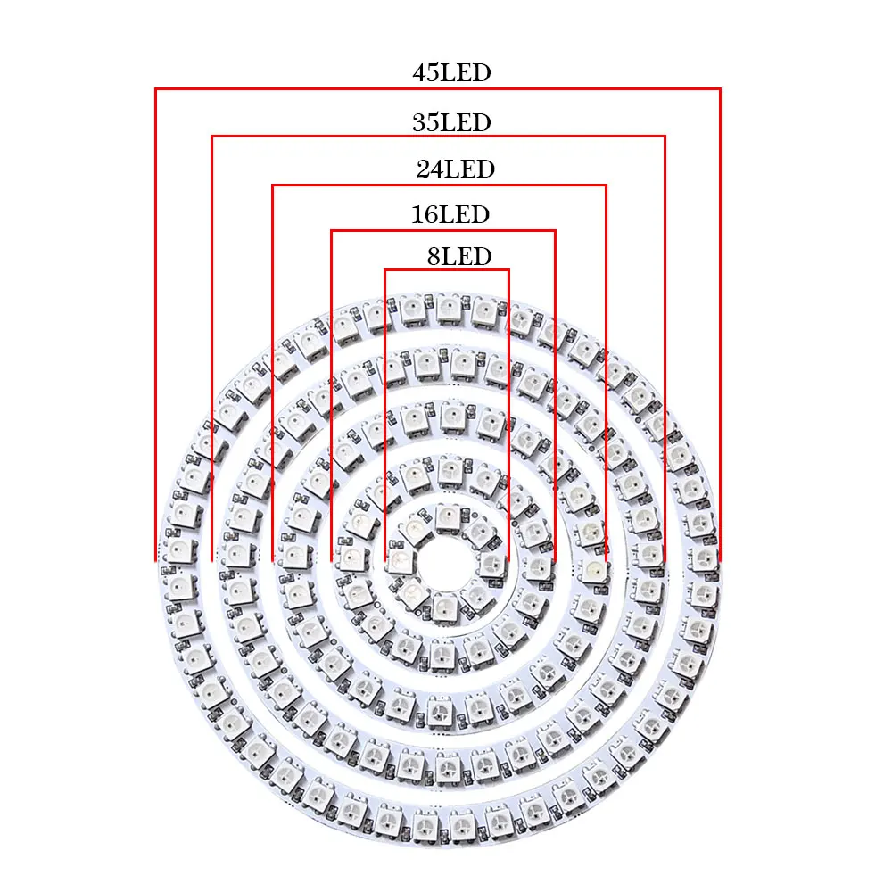 WS2812B RGB Full Color Round LED Módulo Círculo, Anel Pixel, endereçável, SMD 5050, WS2812 IC, 8, 16, 24, 35, 45 LEDs