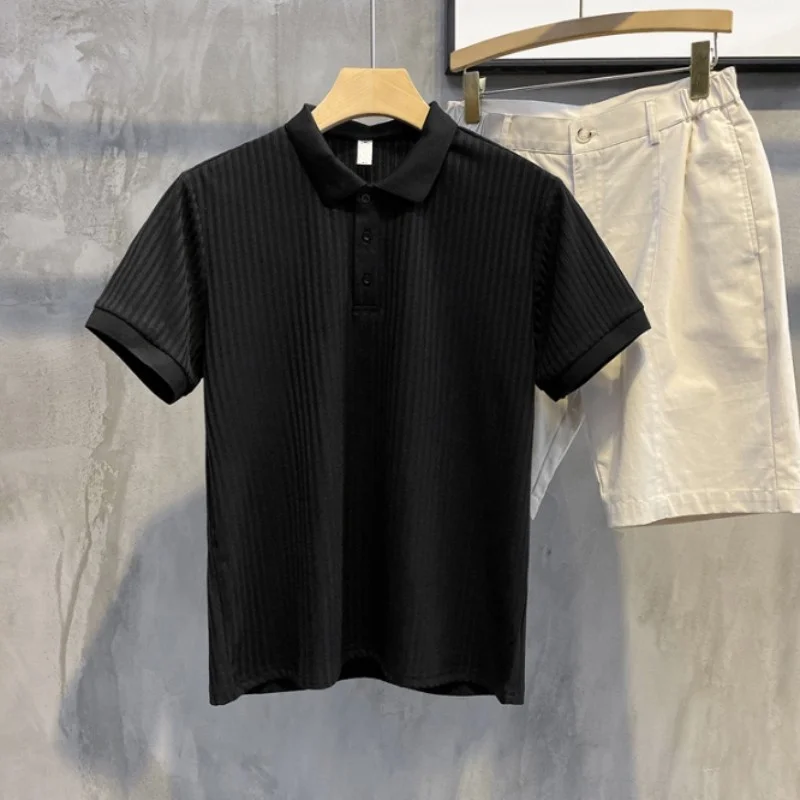 Knitting Soft Silk T-Shirt Men Lapel Short Sleeve Button Summer Fashion Breathable Slim Fit Pullover Korean Style Solid Tops